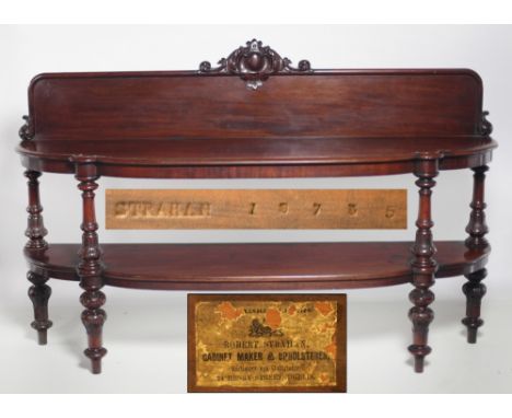 An attractive and unusual bow fronted Irish Victorian carved figured mahogany Side Table or Buffet, the shaped and figured ba