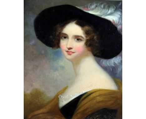 19th Century English School"Portrait of an Elegant Lady in feather hat and yellow shawl," approx. 62cms x 52cms (24 1/2" x 20