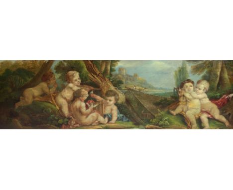 After Boucher, French School"An attractive Romantic Landscape with Putti playing with Birds," approx. 44cms x 131cms (17" x 5