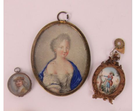 19th Century French SchoolMiniatures: A large oval miniature, "Portrait of Lady with low-cut lace dress and blue cape," appro