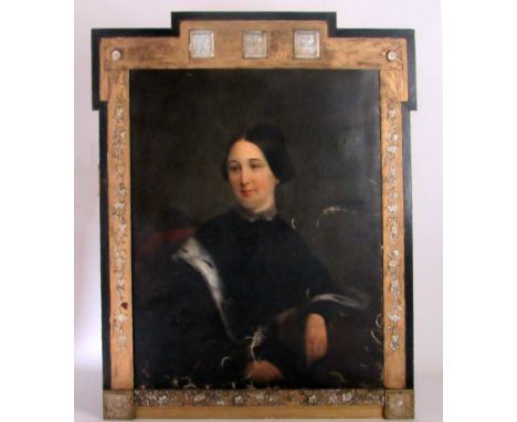 19th Century American School"Portrait of a Lady in black dress with fur stole, seated on red covered chair," in decorative sh