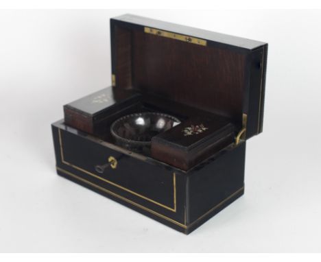 A good quality rectangular Regency period ebonised and brass inlaid Tea Caddy, with an attractive cutglass and engraved stemm