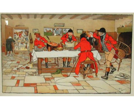 After Cecil Aldin"The Hunt Breakfast," and "The Hunt Supper," a pair of coloured caricature hunting prints, in ebonised frame