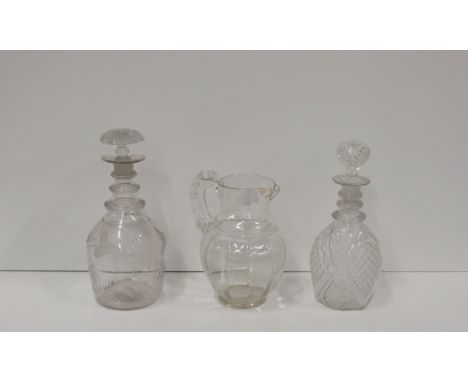 Antique Glass: An early glass three ring Decanter, engraved with plough, sickle, rake and wheat; three other similar Decanter
