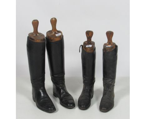 Two pairs of old leather Hunting Boots, with original wooden trees, and an Edwardian brass bound oak Coal Scuttle. (3)