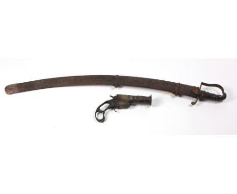 A large antique Sabre, with 71cms (28") blade and original metal scabbard; also an old heavy all brass Flare Gun by Webley & 