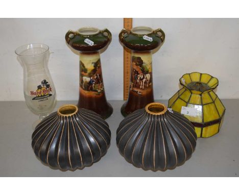 Mixed Lot: Pair of gilt decorated vases, a pair of further squat ribbed vases, a metal cat model, small light shade etc