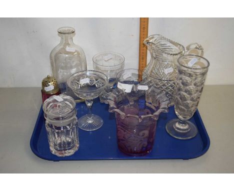 Mixed Lot: Various glass wares to include a cranberry tinted oil lamp shade and other items