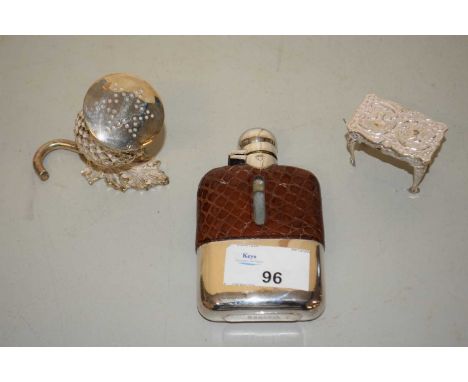 Mixed Lot: Small hip flask, a miniature white metal table and a thistle shaped silver plated pepper pot (3)