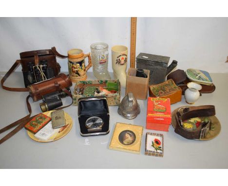 Mixed Lot:  Assorted toy farm animals, vintage camera, binoculars, vintage developing tank, a fireman's helmet shaped ink wel
