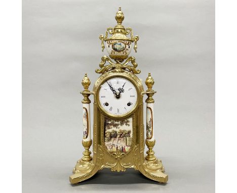 A gilt brass and porcelain antique style mantel clock, H. 41cm. (Unused ex-jeweller stock)