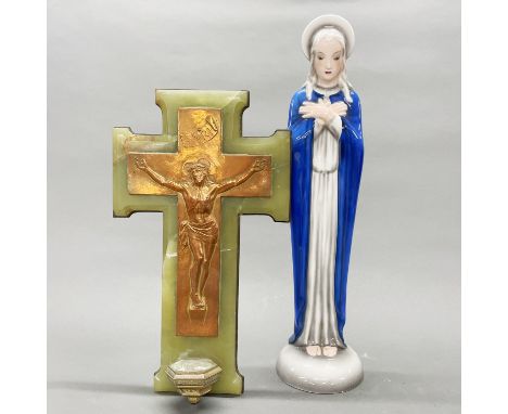 A lovely 1930's signed copper and onyx crucifix, H. 37cm. Together with a continental ceramic goldscheider figure of the virg