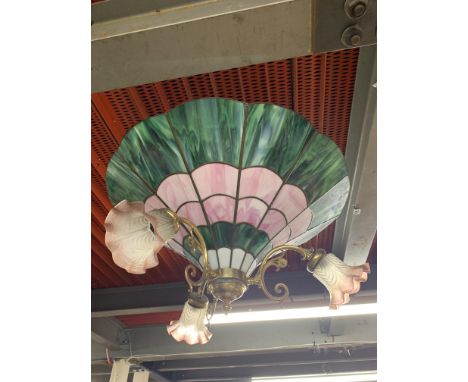 A pair of large Tiffany style ceiling light fittings and shades with additional brass mounted glass shades, overall approx. H