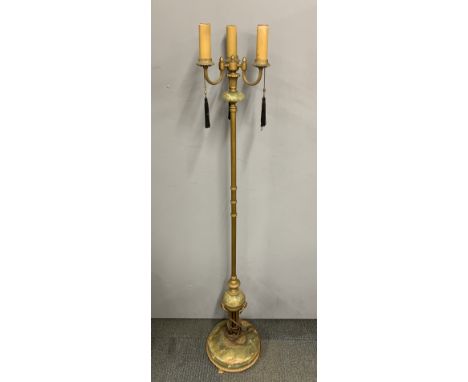 A brass and onyx three light standard lamp, H. 105cm.