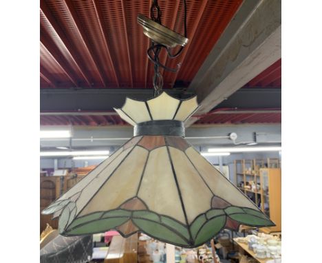 A pair of Tiffany style ceiling light fittings and shades, approx. H. 55cm, shade W. 45cm.