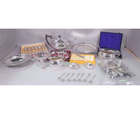 SILVER AND PLATED WARESA quantity including silver spoons, mustard pot, snuff box and sundry. and a group silver plate cutler