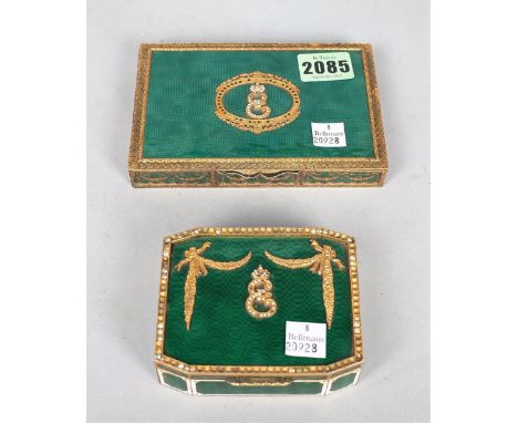 A RUSSIAN STYLE ENAMEL TABLE CIGARETTE BOX DECORATED IN GREEN AND ANOTHER SIMILAR (2)No visible hallmarks to both cases&nbsp;