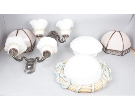 LIGHTING TO INCLUDE A PAIR OF ART DECO STYLE WALL LIGHTS (6)ANOTHER PAIR OF WALL LIGHTS WITH OPAQUE SHADES, A BRASS THREE BRA