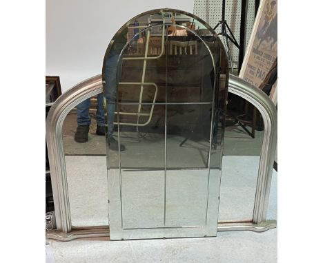 A MODERN ARCHED MARGINAL WALL MIRROR (2)46cm wide; 72cm high and a modern silver painted overmantel wall mirror 92cm wide; 74