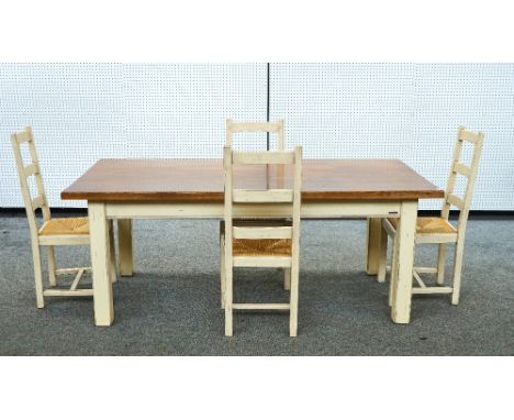 FIRED EARTH; AN OAK KITCHEN TABLE ON PAINTED BASE100cm wide; 200cm long together with four ladder back chairs 46cm wide; 104c