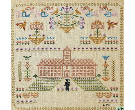 WOOLWORK SAMPLER OF AN ACADEMIC INSTITUTION (2)Thought to be Vassar College, New Yorkinitialled 'W.C.B' (lower right)42 x 42.