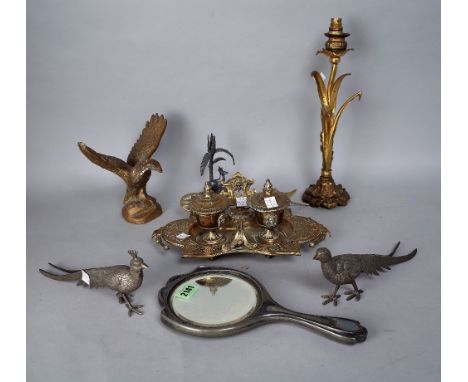 COLLECTIBLES INCLUDING A LATE VICTORIAN BRASS TWIN DIVISION INK STAND (QTY)25cm wide, an Art Nouveau pewter hand mirror and a