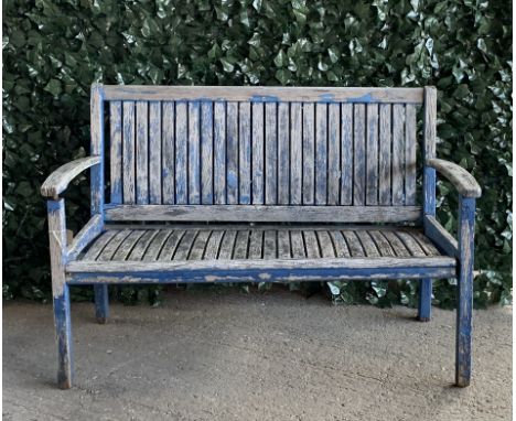 A MODERN BLUE PAINTED HARDWOOD GARDEN BENCH132cm wide; 91cm high
