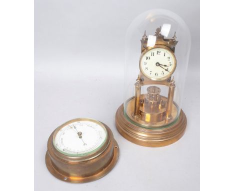 A BRASS SKELETON CLOCK AND A BAROMETER (2)By Gustav Becker, early 20th CenturyHoused under a glass dome (lacking pendulum), t