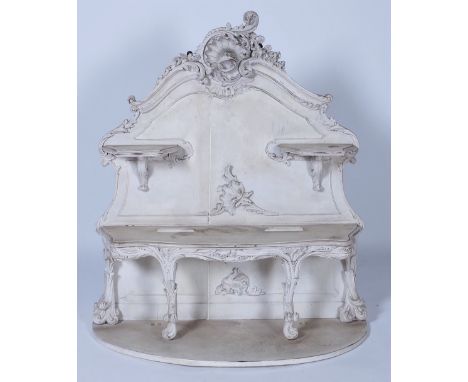 A VICTORIAN STYLE WHITE PAINTED HANGING WALL SHELF94cm wide; 104cm high