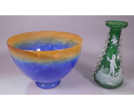 A VICTORIAN GREEN GLASS VASE WITH PAINTED DECORATIONAnd a modern blue art glass bowlThe green glass vase has some losses to t