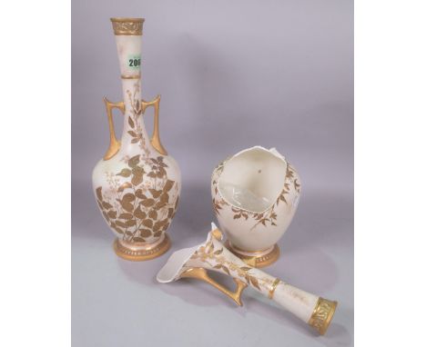 A PAIR OF ROYAL WORCESTER TWO-HANDLED VASESDated 1884, gilt foliate decoration on an ivory ground, printed and impressed mark
