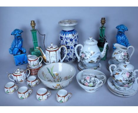 ASIAN CERAMICS; MOSTLY MODERN TO INCLUDE A PAIR OF GREEN GLAZE TABLE LAMPS (QTY)30cm high, a pair of modern ceramic figures o