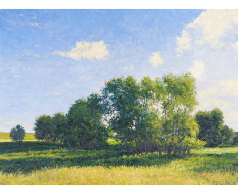 Gary Bowling (American, b. 1948). Oil on canvas painting depicting a sunny field with trees and fluffy clouds in the azure sk