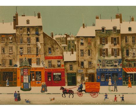 Michel Delacroix (French, b. 1933). French "naif" or naive style lithograph titled "Rue Sous La Neige" depicting a street sce