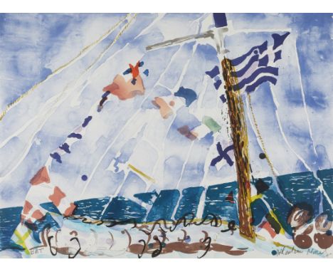 Malcolm Morley (British/American, 1931-2018). Lithograph in colors on wove paper depicting a maritime scene of a boat outfitt