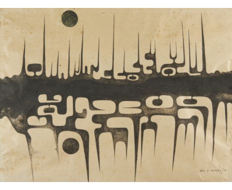 Mid-century modern pen and ink drawing depicting abstracted black shapes in spikes and balls, 1962. Illegibly signed and date
