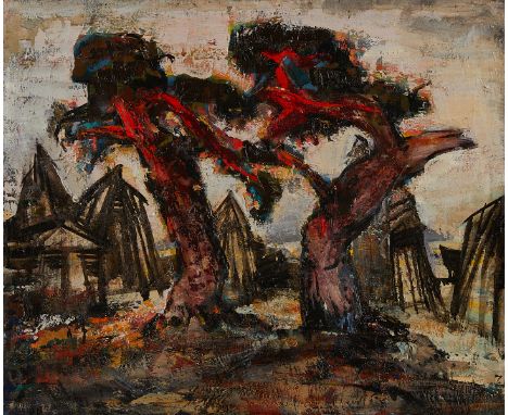 Uldis Zemzaris (Latvian, 1928-2022). Oil on canvas painting titled "Pine Trees" depicting two gnarled trees in a ruddy landsc