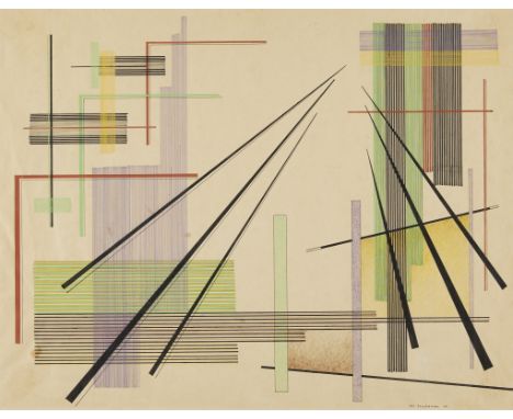 John Sennhauser (American, 1907-1978). Ink and watercolor painting on paper titled "Invention #9" depicting a colorful geomet