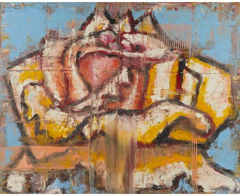 Aaron Fink (American, b. 1955). Oil on linen painting depicting a white and yellow rose, 2000. Signed and dated along the ver