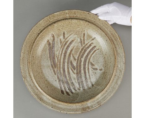 Warren MacKenzie (American, 1924-2018). Large studio pottery ceramic dish or platter. Glazed stoneware with finger-swipe deco