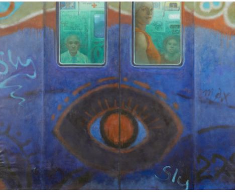 Colleen Browning (English/American, 1918-2003). Oil on canvas painting titled "Sly's Eye," depicting a graffiti filled exteri