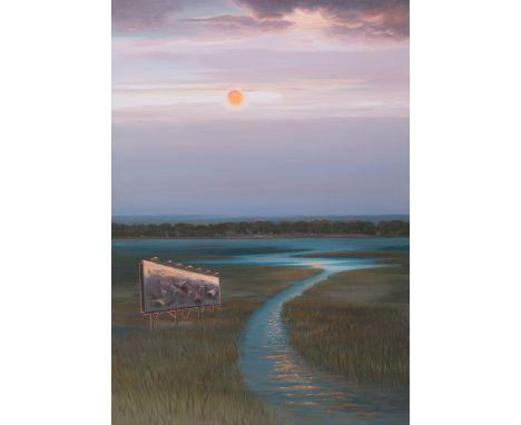 Janet Culbertson (American, b. 1932). Oil on canvas painting titled "Designated Site" depicting a landscape with a vibrant lo