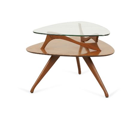 Vladimir Kagan (American, 1927-2016). Vintage triangular Mid-century Modern two-tiered side table. Likely walnut with a glass