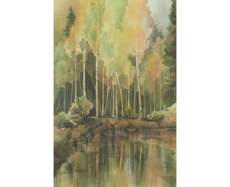 Ellery Gibson (American, 1916-2010). Watercolor on paper painting titled "Aspen Shade" depicting a landscape with a pond and 