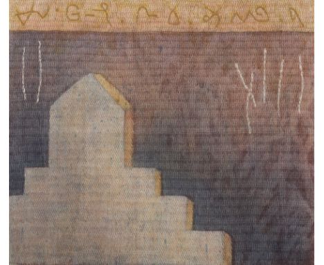 Susan Stover (American, 20th/21st c). Framed tapestry fiber artwork titled "W.O. Maya" depicting an architectural structure a