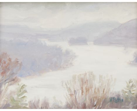 Mary Pettis (American, 20th/21st c). Oil on board painting titled "Snowy Valley," likely depicting the St. Croix River along 