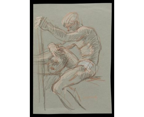 Paul Cadmus (American, 1904-1999). Crayon on green paper drawing depicting a sketch of David with the head of Goliath. Signed