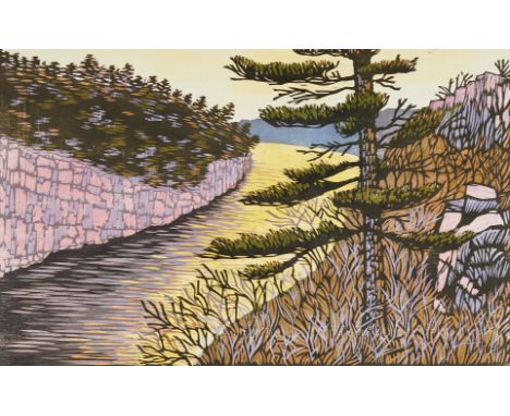 Jim Meyer (American, b. 1941). Colored woodcut print on painting titled "Narrow Passage" depicting a nature scene of river pe