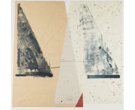 Steven Sorman (American, b. 1948). Lithograph collage print titled "Lewis and Clark" depicting two triangles, one on a speckl