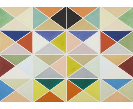 Gary Bower (American, b. 1940). Large oil on canvas painting titled "Mott III" depicting a colorful geometric pattern in brig